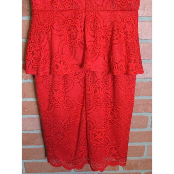 Vintage New Bell Floral Lace Flared-Sleeve Keyhole Shift Mini Dress Red M Peplum - Picture 5 of 9